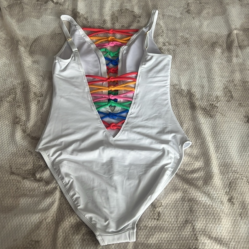 Bleu Rod Beattie White Swimsuit with Rainbow Lace Down One Piece Size 8 - Picture 6 of 8